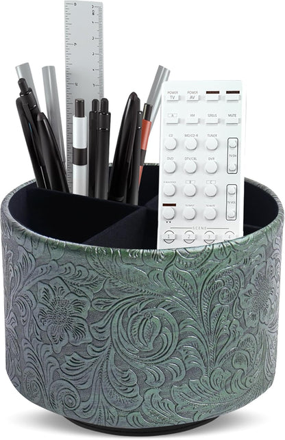 lizimandu Round Leather Art Supply Organizer,Remote Control Holder,360 Degree Spinning,Multi-Functional Pencil Holder,4 Compartments Desktop Stationary Organizer(1-Gold) - Colors B