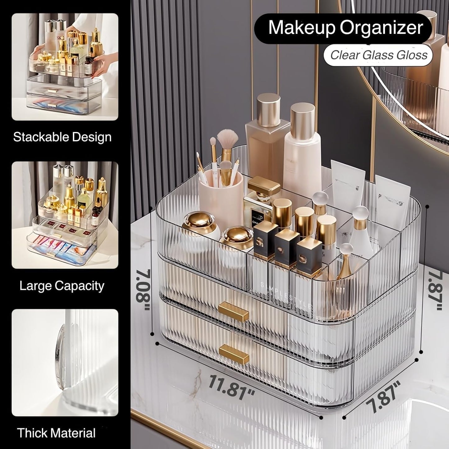 Stackable Cosmetics Organizer Drawers, Bathroom Vanity Makeup Organizers and Storage, Ideal for Desk and Dresser Countertops, Great for Palette, Skincare, Lipsticks, Nail Care. Green