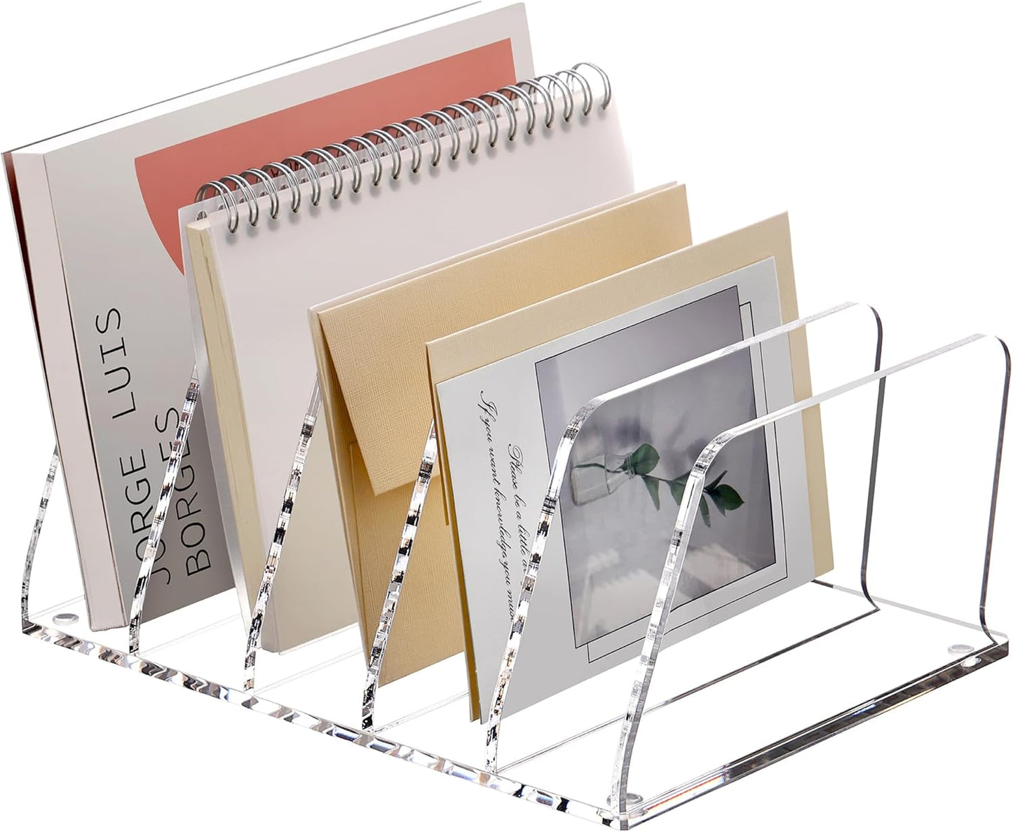 SANRUI 5 Compartments Acrylic Mail Sorter Holder, Clear Document Magazine Envelope File Rack, Vertical Letter Sorter & Multifunction Desk Organizer for Bills, Documents, Notebooks