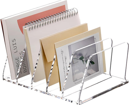 SANRUI 5 Compartments Acrylic Mail Sorter Holder, Clear Document Magazine Envelope File Rack, Vertical Letter Sorter & Multifunction Desk Organizer for Bills, Documents, Notebooks