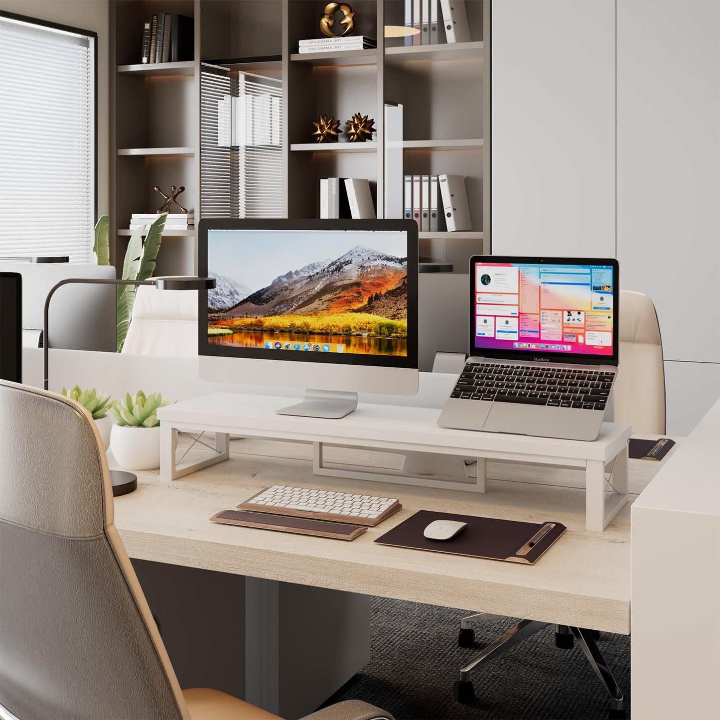 IBUYKE Large Dual Monitor Stand Riser for 2 Monitors, Wooden Desktop Computer Monitor Stand Storage Shelf and Steel Legs,Dual Screen Office Desk,Monitor Riser for Computer, Printer,Laptop,TV,Black UTDJ002B