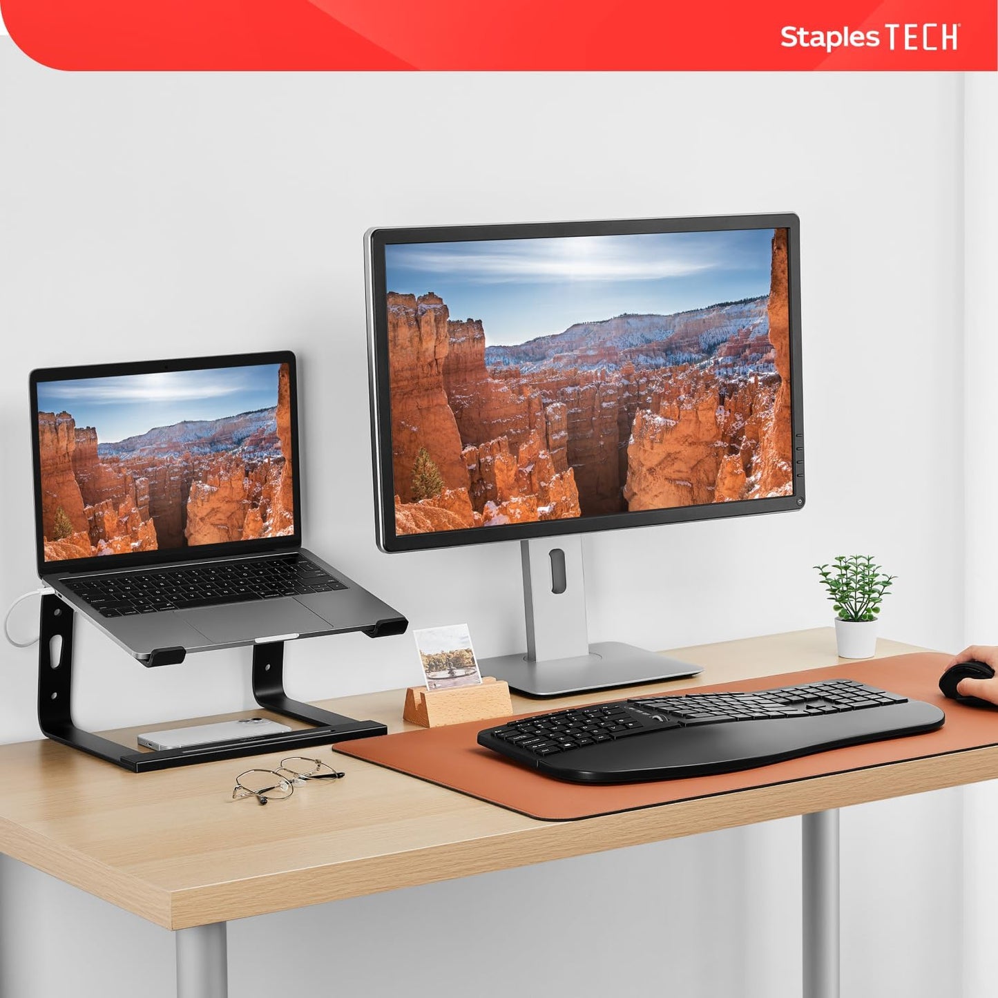 Staples TECH Aluminum Laptop Stand, Black, 11.2” x 10.2”, Ergonomic Cooling Riser for Notebook/MacBook/PC