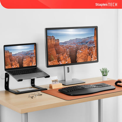 Staples TECH Aluminum Laptop Stand, Black, 11.2” x 10.2”, Ergonomic Cooling Riser for Notebook/MacBook/PC