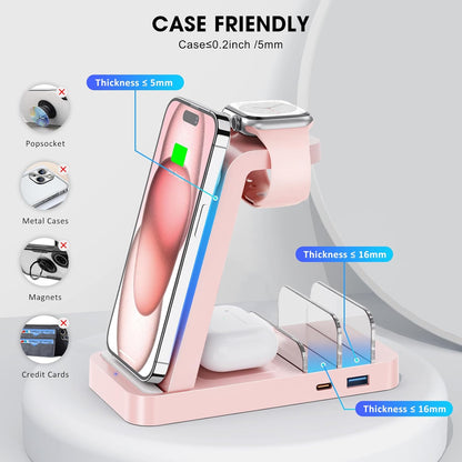 Wireless Charger for iPhone - 5 in 1 Charging Station for Multiple Devices Apple: Fast Wireless Charging Stand Dock for iPhone 17 16e 16 15 14 13 12 Pro Max Apple Watch Airpods