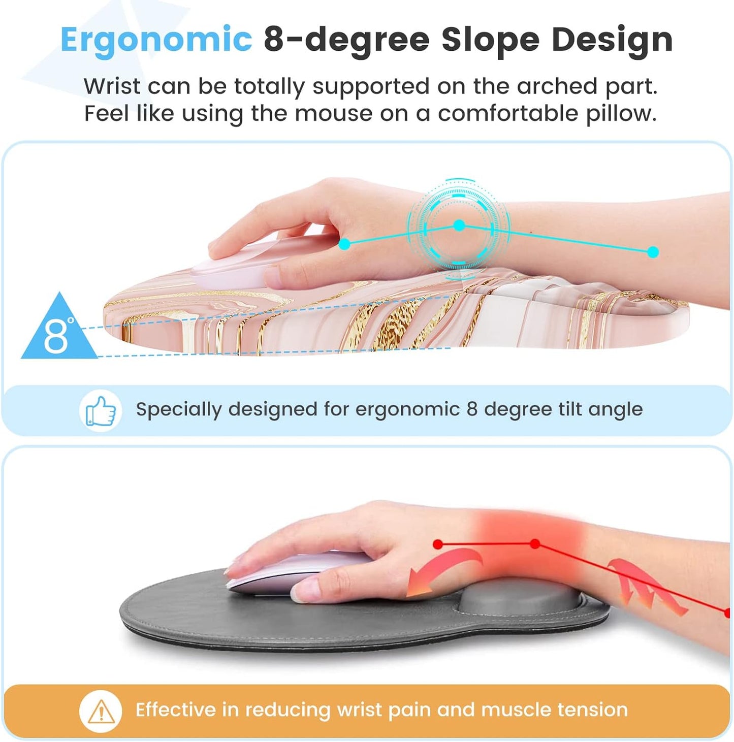 HAOCOO Keyboard Wrist Rest, Ergonomic Mouse Pad with Wrist Rest, 3 in 1 Keyboard and Mouse pad with Coaster Set, Memory Foam Wrist Support, Non-Slip PU Base for Home Office, Rose Gold Pink