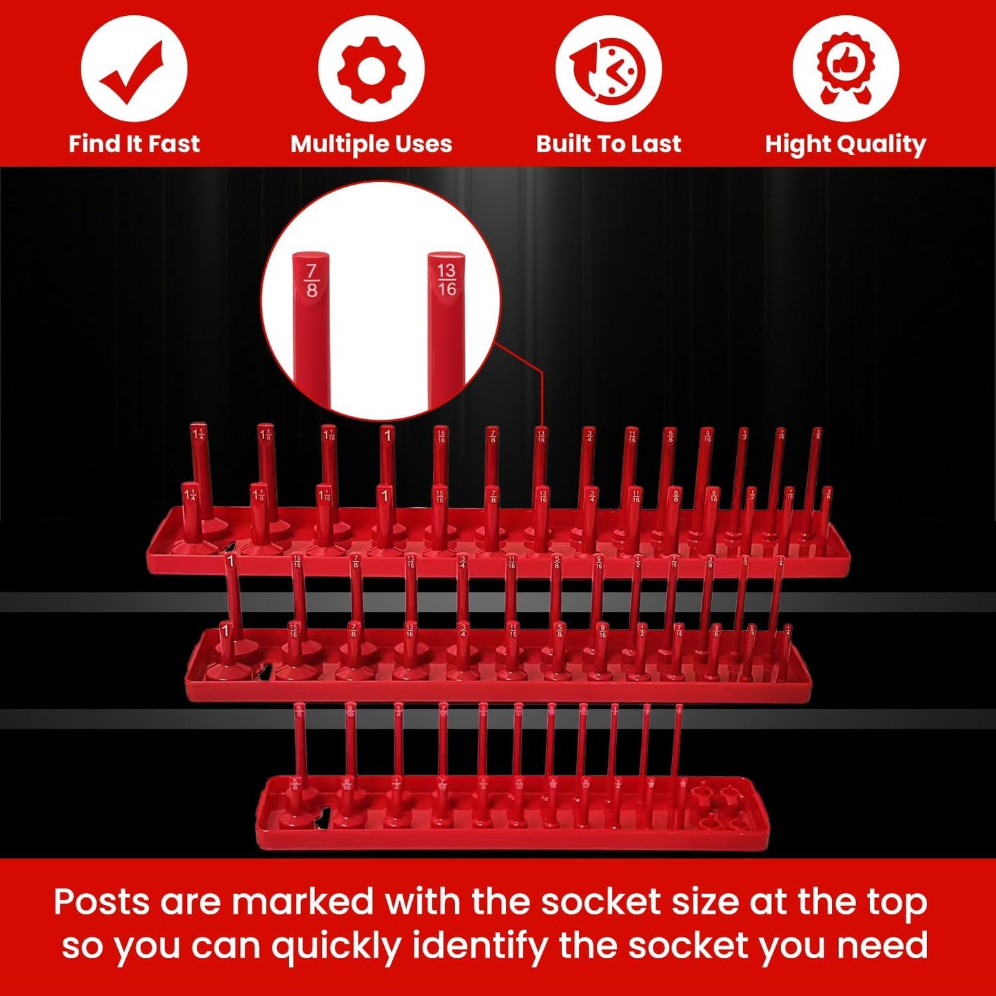 AIUITIO 6PCS Socket Organizer Tray Set, Red SAE & Black Metric Socket Storage Trays, 1/4-Inch, 3/8-Inch & 1/2-Inch Drive Deep and Shallow Socket Holders for Toolboxes