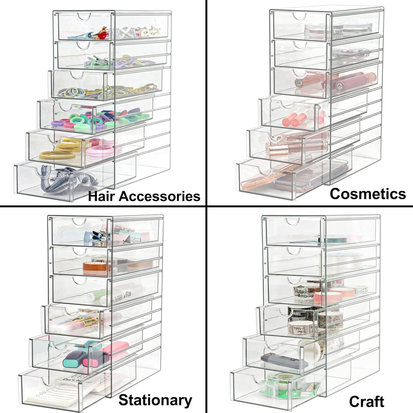 Clear Drawer Organizer, Transparent Plastic Storage Drawers, Hair Accessaries Organizer Case Display Stand, Acrylic Organizers for Organizing Eyeglass, Hair Ties, Accessories (Large - 6-Drawer)