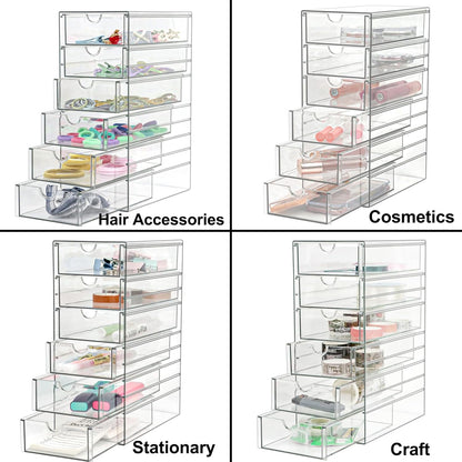 Clear Drawer Organizer, Transparent Plastic Storage Drawers, Hair Accessaries Organizer Case Display Stand, Acrylic Organizers for Organizing Eyeglass, Hair Ties, Accessories (Large - 6-Drawer)