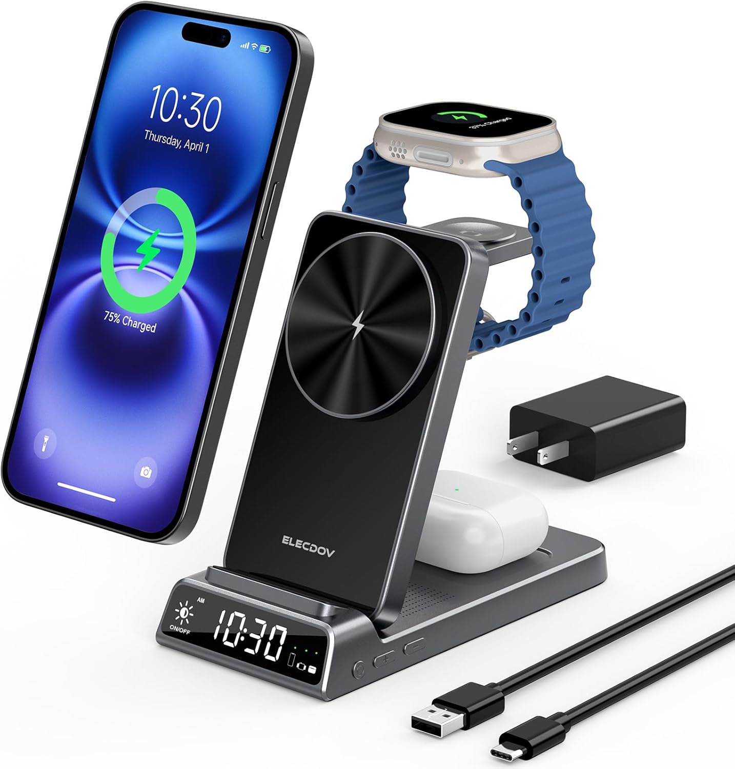 3 in 1 Charging Station for Apple, ELECDOV Magnetic Charger for iPhone, Foldable Wireless Charger with Clock, Travel Watch Charger Stand for iPhone 17/Air/16/15 Series, iWatch 10/AirPods 4 (Grey)