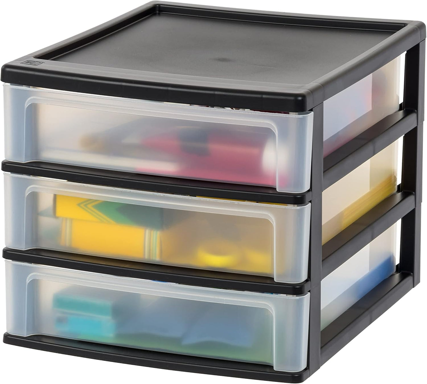 IRIS USA Plastic Stacking Desk Top 3-Drawer Storage Organizer, 2-Pack, for Makeup Vanity Nail Polish Bathroom Stationery Art Craft Supplies Kitchen Office Garage and Small Organization, Small, Black