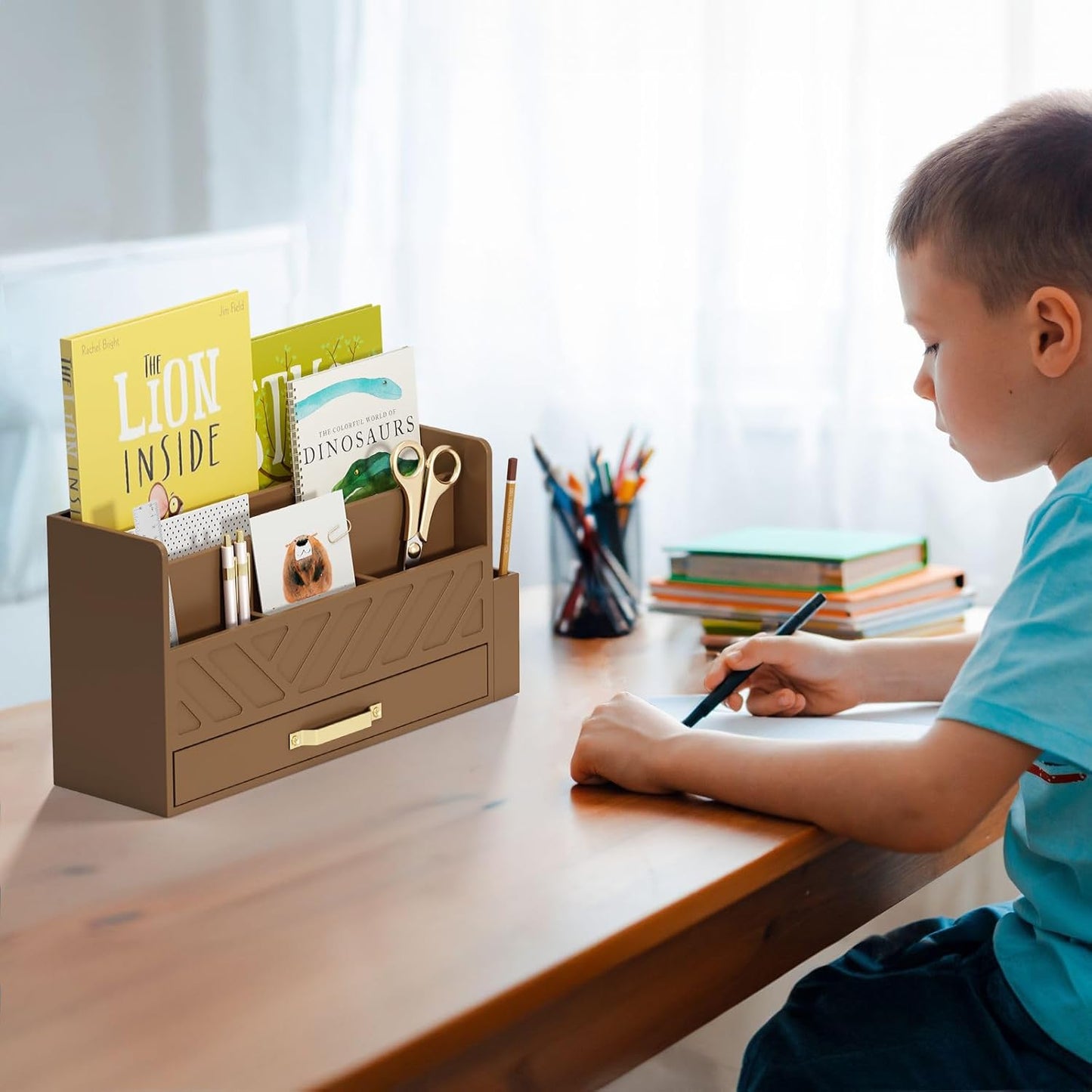 WISUCART Bamboo Desk Organizer Mail Holder Countertop Wood Desk Drawer Tabletop Storage Box Pen Holder Letter Sorter Makeup Organizer for School Home Office Supplies with Pen Holder White