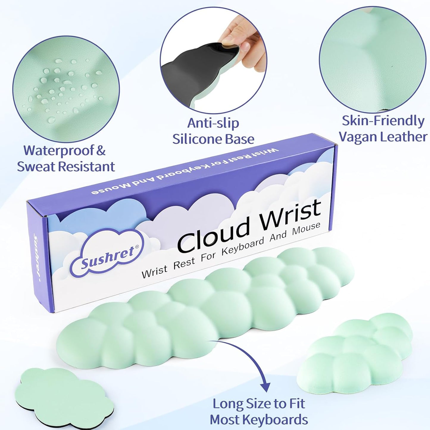 Sushret Cloud Wrist Rest Keyboard, Cloud Keyboard Wrist Pad Set with PU Leather Memory Foam, Cute Arm Rest for Palm Support, PC/Gaming Desk Accessories/Office Setup/Computer Hand Cushion - White
