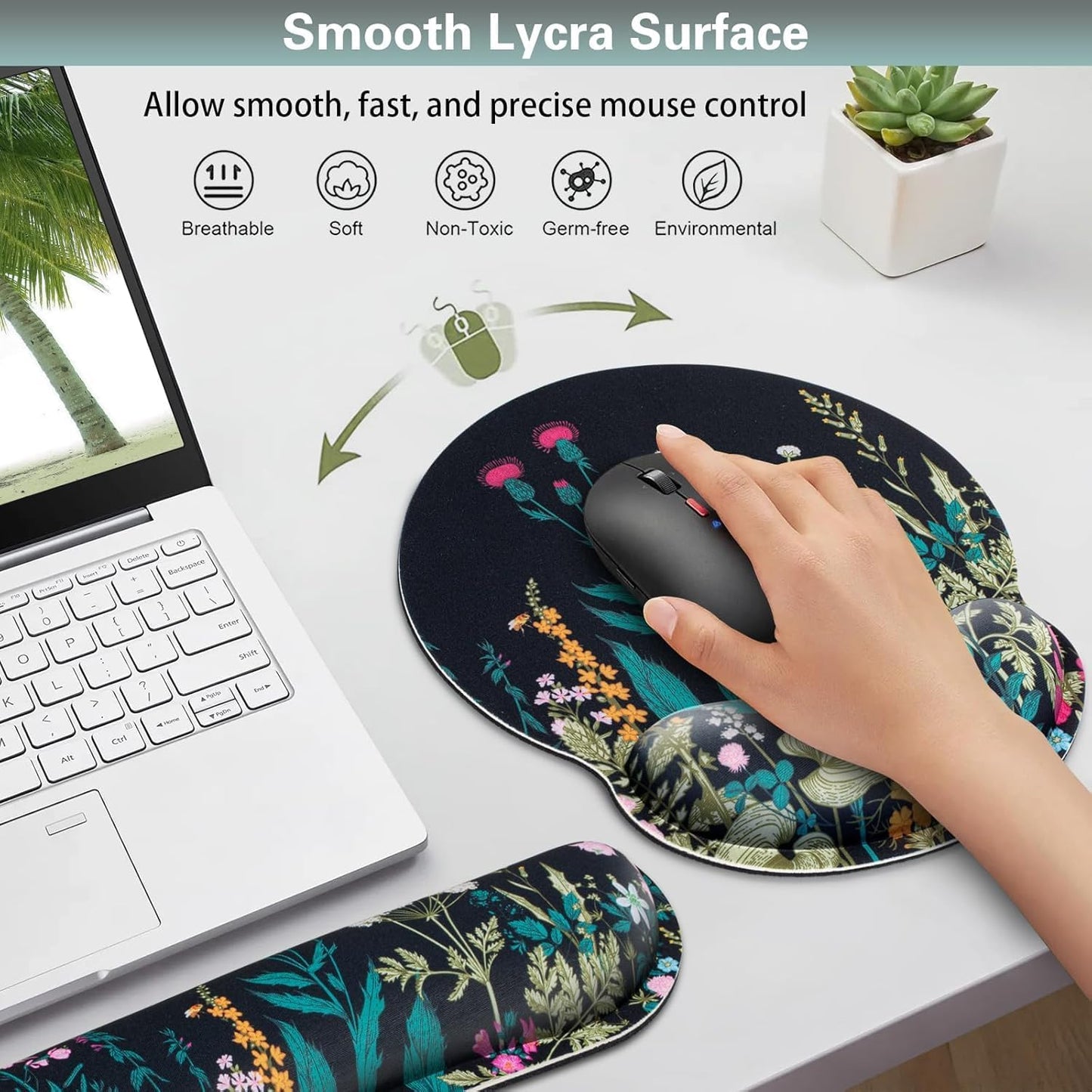 Mouse Pad with Wrist Rest Set, Qomolama 3-in-1 Wrist Support Mouse Pad Set, Floral Gaming Mousepad with Anti-Skid Base,Ergonomic Mouse Pad,Memory Foam Keyboard Gel Wrists Rest
