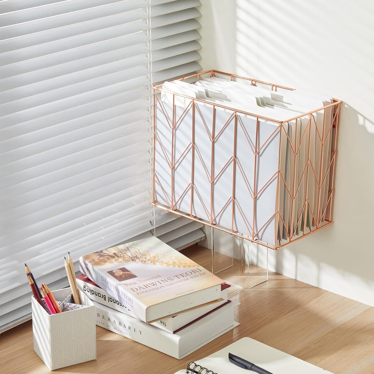 Hanging Rose Gold File Organizer, equipped with a 6-piece set of rose gold desktop accessories