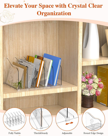 Adjustable Rose File Organizer for Desk, Vertical File Folder Holders for Magazines, Upright Desktop Binder Organizer, Clear Paper Bookshelf Divider File Sorter for School Office Supplies