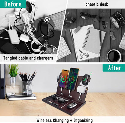 Wood Phone Docking Station with Drawer Nightstand Organizer for Men Dual Phone Charging Station for iPhone Samsung Google Desk Organizers Anniversary Birthday Gifts for Men Dad Him Husband