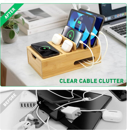 Bamboo Charging Station for Multiple Devices, Desk Charging Organizer with Drawer & Tray, Wood Docking Station for Multi Devices, Cell Phone, Tablet (Included 6 Cables, 5 Port USB Charger)