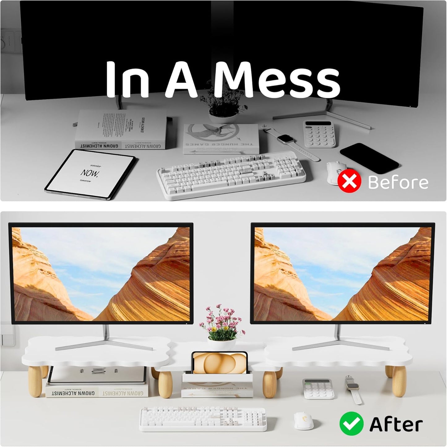 AFOOYO Monitor Stand Riser,31.5-Inch LED Light Wood Computer Monitor Stand with Adjustable Acrylic Legs,Desk Accessories Desktop Organizer Stand for, Computer,Laptop,Printer,PC TV Screen Riser,Black