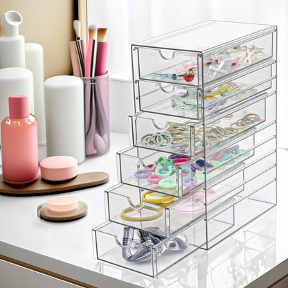 Clear Drawer Organizer, Transparent Plastic Storage Drawers, Hair Accessaries Organizer Case Display Stand, Acrylic Organizers for Organizing Eyeglass, Hair Ties, Accessories (Large - 6-Drawer)
