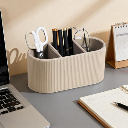 Aesthetic Remote Control Holder, PU Leather Pen Holder for Desk with 3 Compartments for Home Office Supplies and Accessories, Stylish Bedside Remote Holder Nightstand Desktop Organizer (Beige)