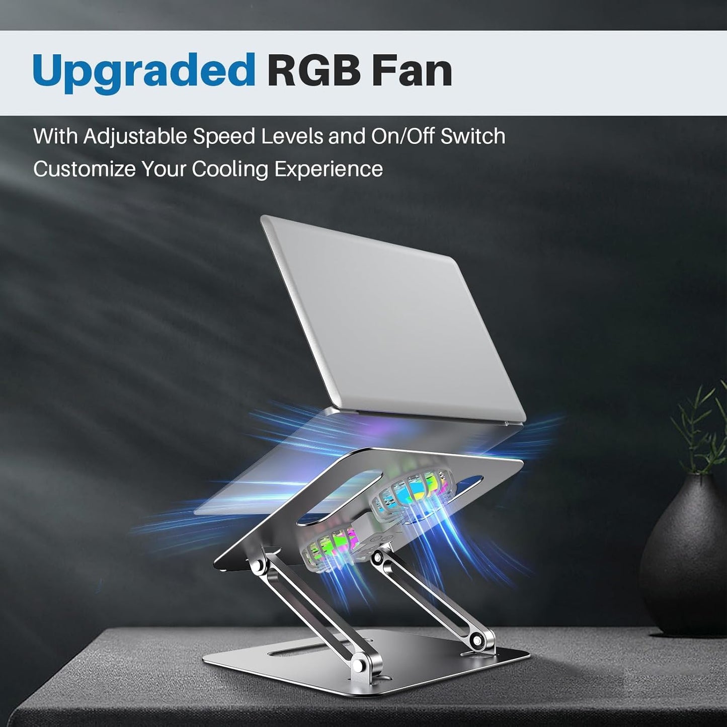 YICOSUN Adjustable Laptop Cooling Stand with 2 Quiet Fans & RGB Lighting, Aluminum Alloy & Foldable Ergonomic Design for MacBook, Lenovo, ASUS, Dell 10-16 Inch, Perfect for Gaming, DJ, Office - Silver