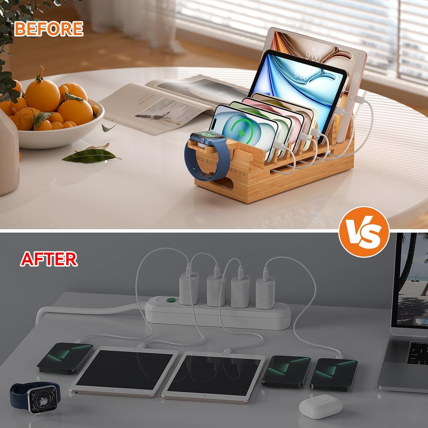 Pezin & Hulin Bamboo Charging Station with Watch Stand, Docking Holder for Multi Device with 5 Port USB Charger HUB, 5 Charge Cables, Desktop Electronic Organizer for Cellphone, Tablet, Watch