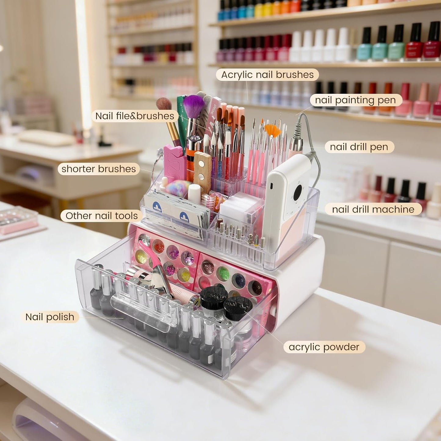 Wilfniee Nail Tech Desk Organizer Case: 2 Layers Nail Tech Organizers with Nail Polish Storage Drawer- 53 Holes Nail Drill Bits & Nail Brushes Pens Holder for Manicure Nail Supplies (Clear)
