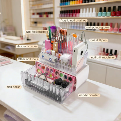 Wilfniee Nail Tech Desk Organizer Case: 2 Layers Nail Tech Organizers with Nail Polish Storage Drawer- 53 Holes Nail Drill Bits & Nail Brushes Pens Holder for Manicure Nail Supplies (Clear)