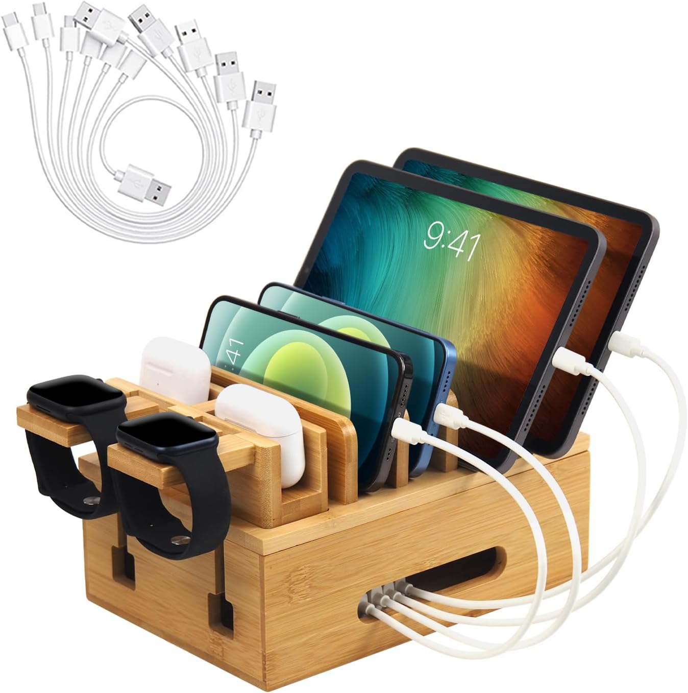 Bamboo Charging Stations for Multi Devices, Wood Desktop Docking Station Charger Organizer for Cell Phones, Tablets, Earphones, Watch (Includes 6 Charging Cables) (No Power Supply)