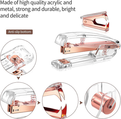 Office Supplies Set Desk Accessory Kit, Acrylic Stapler Set Staple Remover, Tape Dispenser, Binder Clips, Paper Clips, Ballpoint Pen and Scissor with 1000 Pieces 26/6 Staples (Silver)