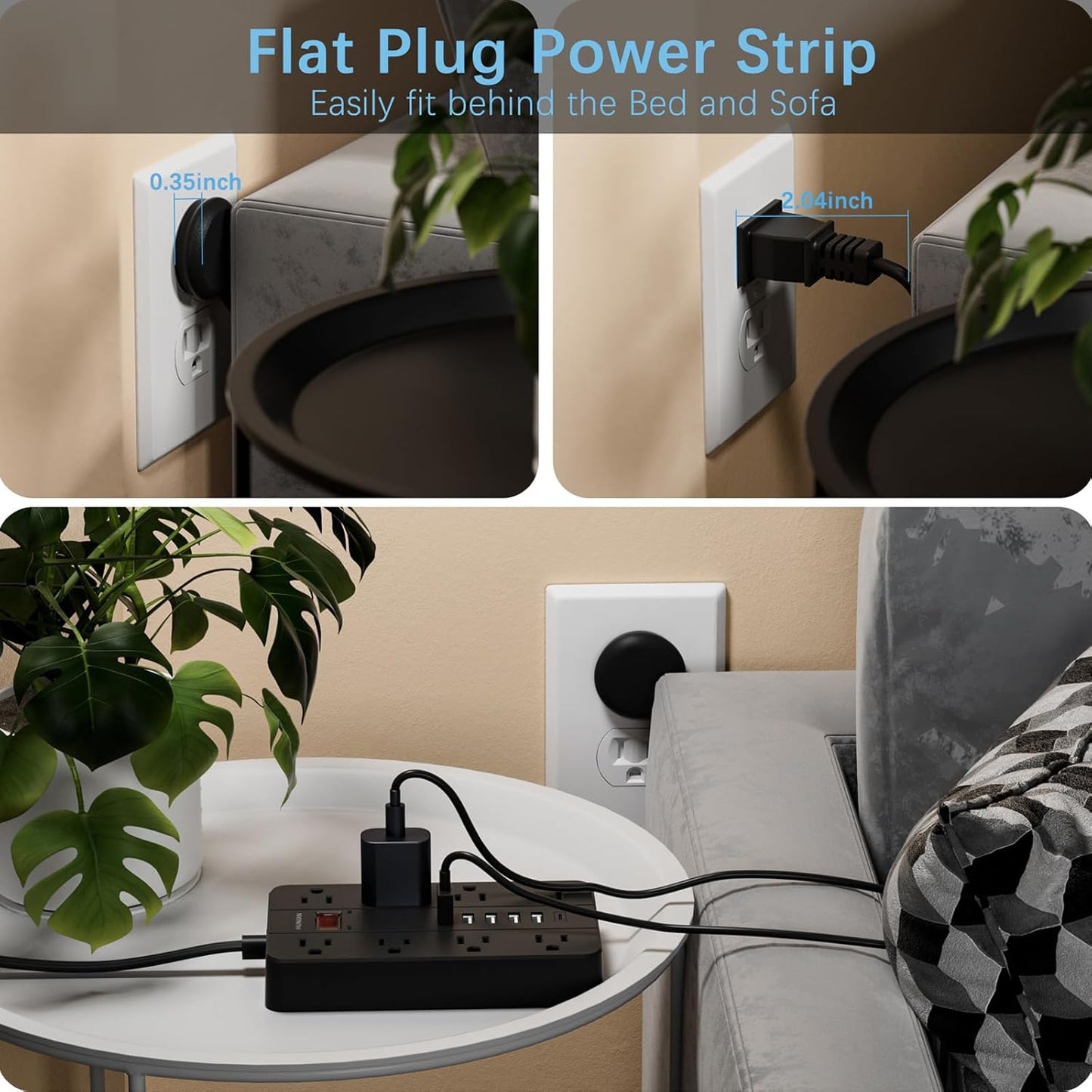Power Strip with USB, Flat Plug Extension Cord Surge Protector 5 Ft, HUNIAN Power Strip with 8 Widely Spaced Outlets 6 USB Charger (1 USB C Port), Desk Charging Station for Home Office, White