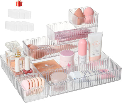 Drawer Organizer Bins, 7 Pcs Clear Stackable Makeup & Desk Organizer with Interlocking Clips, 4 Sizes Vanity Drawer Trays for Bathroom Cosmetic, Home Office & Kitchen