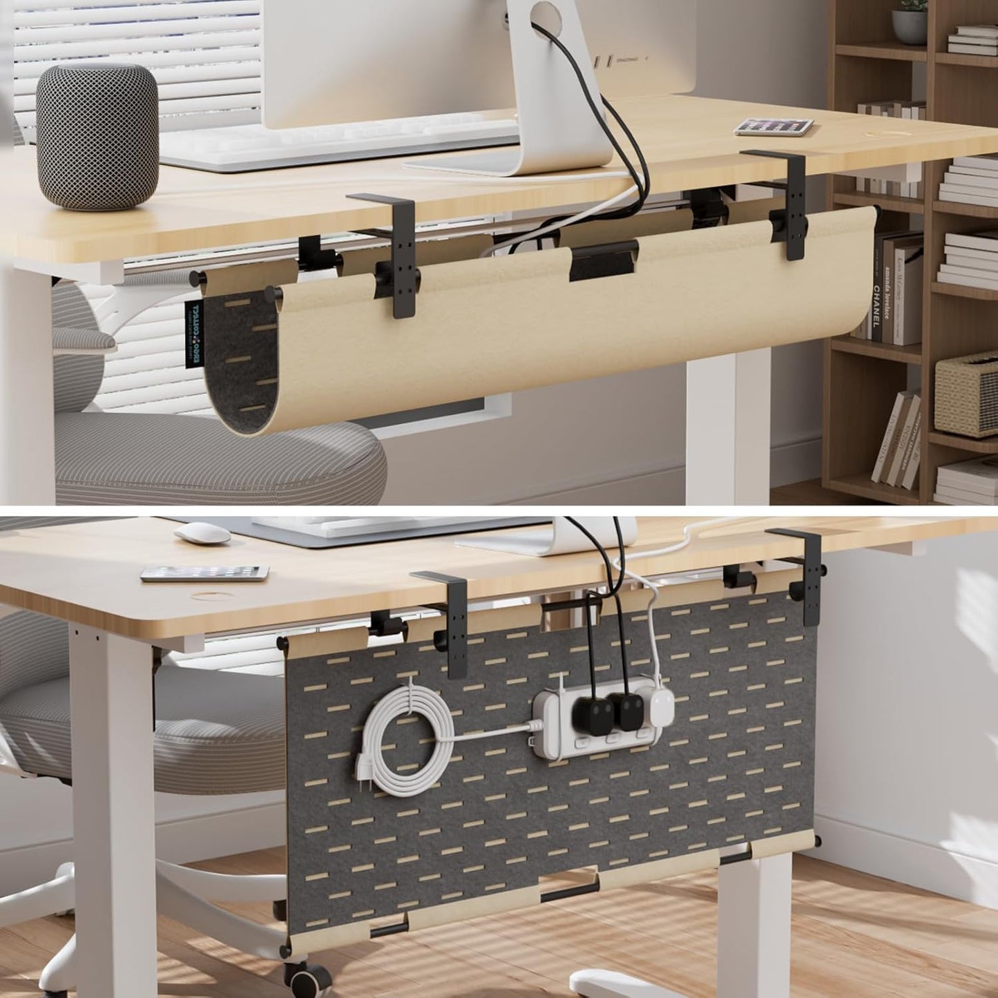 2-in-1 Under Desk Cable Management Tray & Privacy Panel, Dual-Sided Thick Felt Cord Organizer with 20 Cable Ties,Heavy Duty Steel Frame Support, No-Drill Clamp Mount,Large Capacity (Khaki/Gray, 45.2")