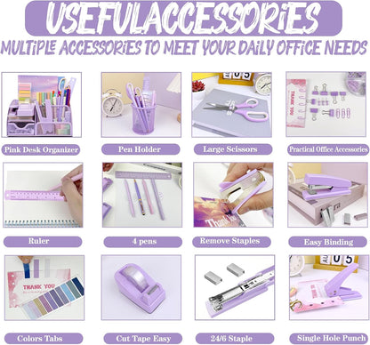 Purple Desk Accessories, 17Pcs Purple Office Supplies Set with Stapler, Mesh Desk Organizer, Tape Dispenser, Staple Remover, Pen Holder, Clips, Pens, Ruler, for Office Home School Women Students Gift