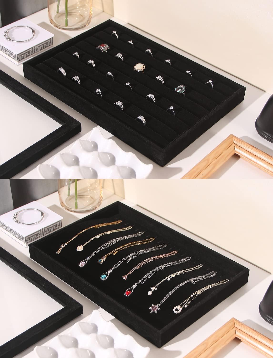 Coward Stackable Jewelry Trays Organizer Set with Clear Lid, Trays for Drawer, Earring Necklace Bracelet Ring Display Organizer (beige(ring+12girds+30girds+The glass lid))