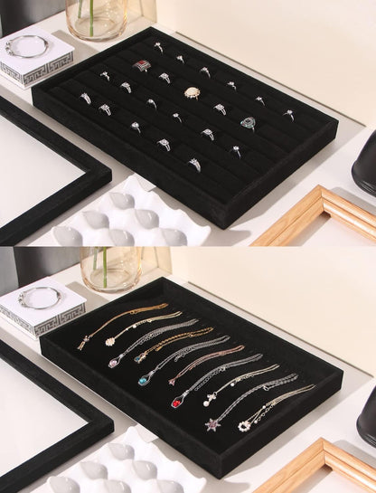 Coward Stackable Jewelry Trays Organizer Set with Clear Lid, Trays for Drawer, Earring Necklace Bracelet Ring Display Organizer (beige(ring+12girds+30girds+The glass lid))