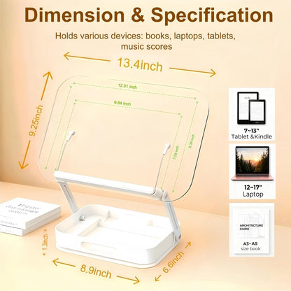 Premium Acrylic Book Stand for Reading & Cookbooks, 360° Rotating Adjustable Book Holder, Foldable Desktop Riser for Thick Textbooks, Sheet Music & Laptops, with Page Clips (Clear)
