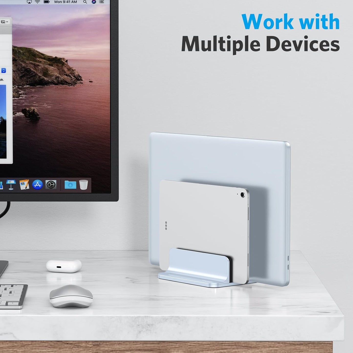 OMOTON Vertical Laptop Stand [Updated 3-Slots Version], Desktop Aluminum Mac Book Stand with Adjustable Dock Size, Fits All Mac Book, Chrome Book and Gaming Laptops (Up to 17.3 inch), Starlight