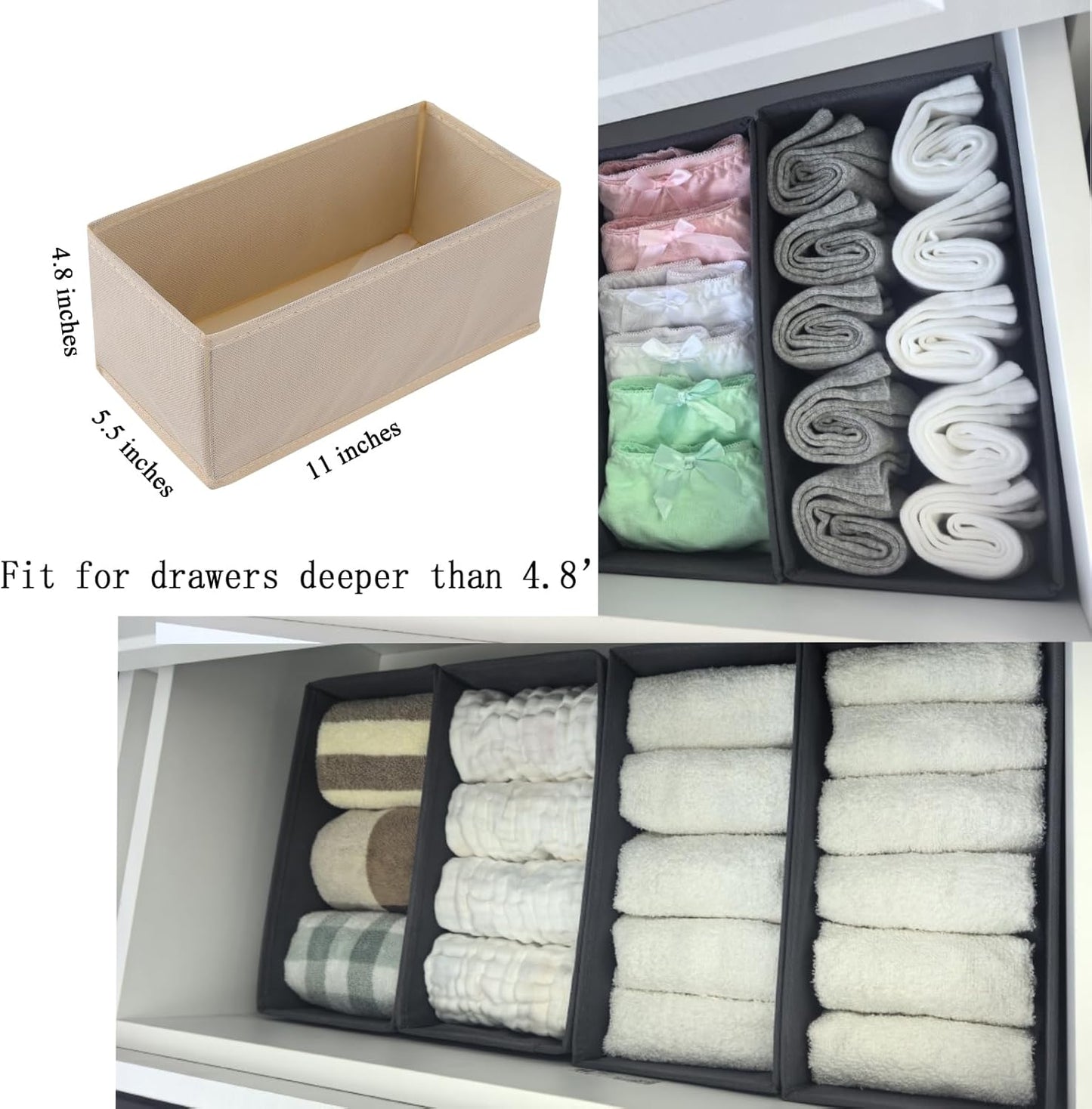 Bructhun Foldable Fabric Drawer Organizer Set 4 Pack Dresser Dividers - Sock Underwear Storage Bins Gray