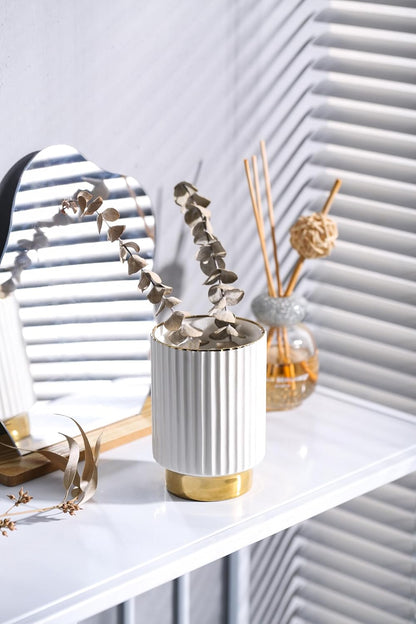 IEEK Makeup Brush Holder Organizer Pen Pencil Cup Glass Make Up Brushes and Toothbrush Organizer for Bathroom Vanity Desktop European Style Striped Brushes Container,Grey and Gold