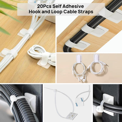 Cable Management Kit - 4 Cable Sleeve, 57 Self Adhesive Cable Clips, 12 Hanging Strips, 12 Cable Organizer Straps and 100 Fastening Cable Ties for TV Computer Under Desk (Black and White)