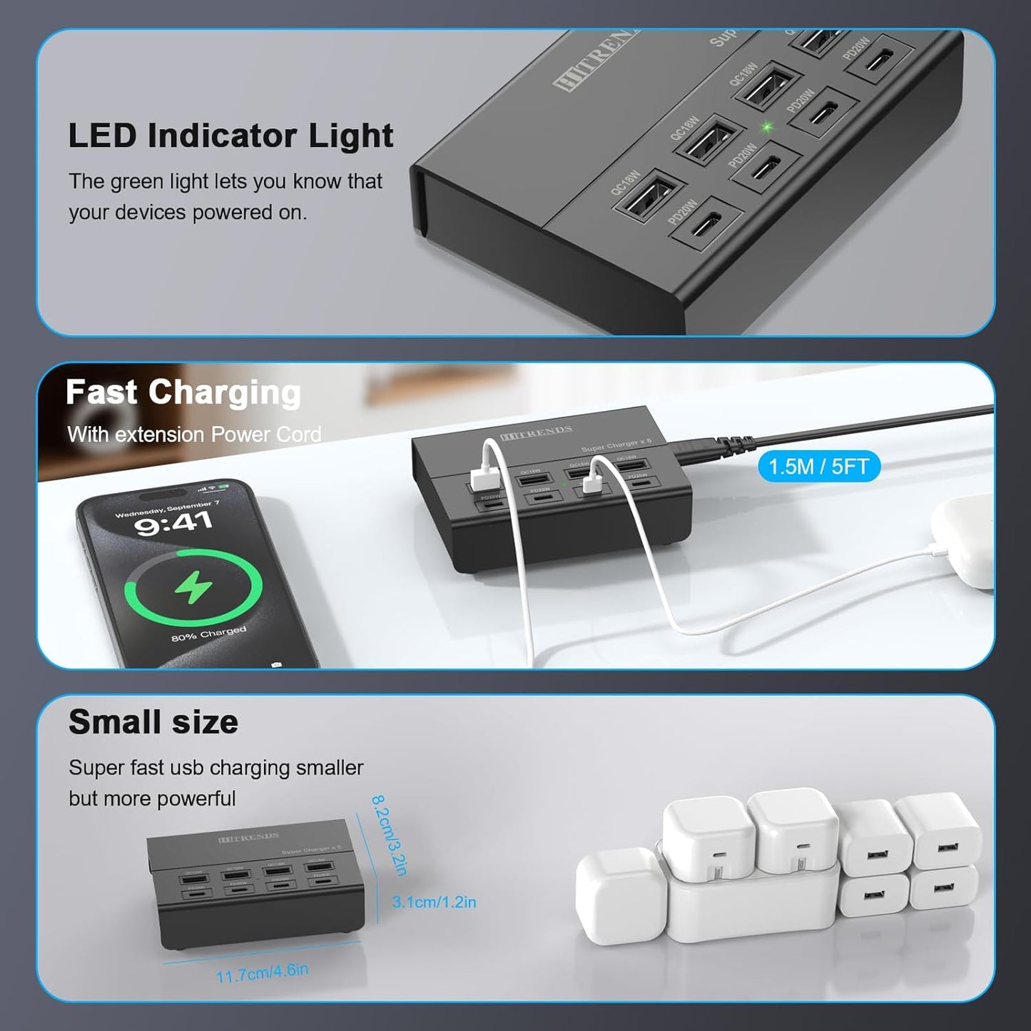 USB Charger with USB C PD20W and USB A QC18W, HITRENDS 60W PD Fast Charging Station, 5ft 8-Port Multiple Desktop Multi Port USB Charging Hub Compatible with iPad iPhone 17/16/15/14, Galaxy S24/S23/S22