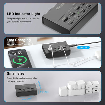 USB Charger with USB C PD20W and USB A QC18W, HITRENDS 60W PD Fast Charging Station, 5ft 8-Port Multiple Desktop Multi Port USB Charging Hub Compatible with iPad iPhone 17/16/15/14, Galaxy S24/S23/S22