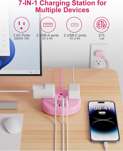 Pink Extension Cord with Surge Protected 1080J - 5 FT Kawaii Power Strip, 1625W Cute Extension Cord with 3 AC Outlet 4 USB (24W/4.8A), Compact for Cute Pink Kawaii Desk Home Essentials