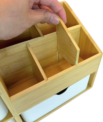 Bamboo Makeup Organizer with 3 Drawers & Adjustable Dividers, Desk Cosmetic Storage Box, Vanity Countertop Organizer for Bathroom, Office, Bedroom (11.5x5.4in)