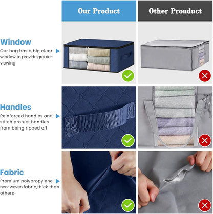 HomeHacks Storage 3-Pack Clothes Organizer Storage Bags Foldable Storage Box with Large Clear Window Sturdy Handles for Closet, Dorm, Pillows, Bedding, Clothes, Blankets, 35L, Gray