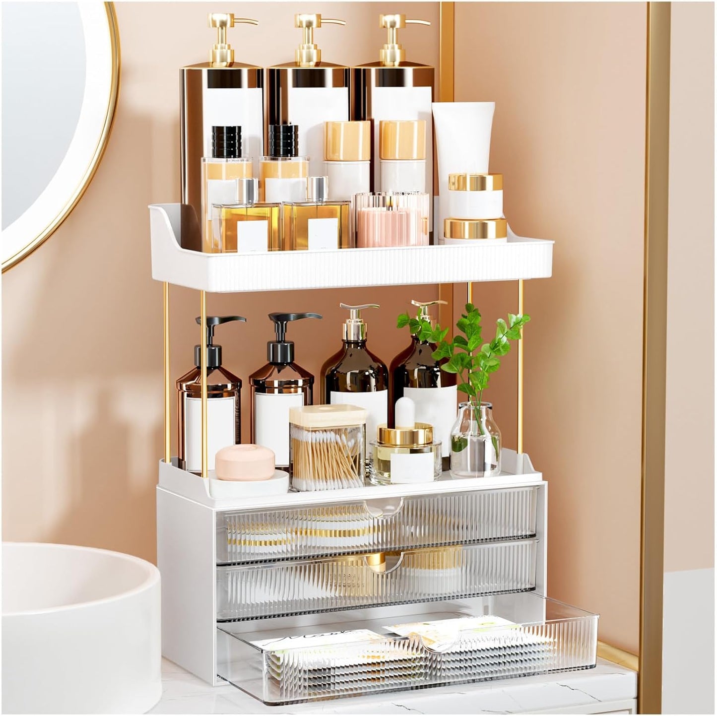 StorBin 3 Large Drawers Makeup Organizer - 5 Tier Bathroom Counter Organizers and Storage, Versatile Perfume Vanity Organizer, Ideal for Cosmetic, Large Skincare, Face Mask, Office Supplies, Amber