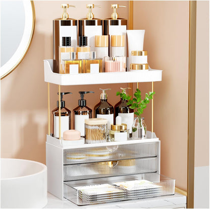 StorBin 3 Large Drawers Makeup Organizer - 5 Tier Bathroom Counter Organizers and Storage, Versatile Perfume Vanity Organizer, Ideal for Cosmetic, Large Skincare, Face Mask, Office Supplies, Amber
