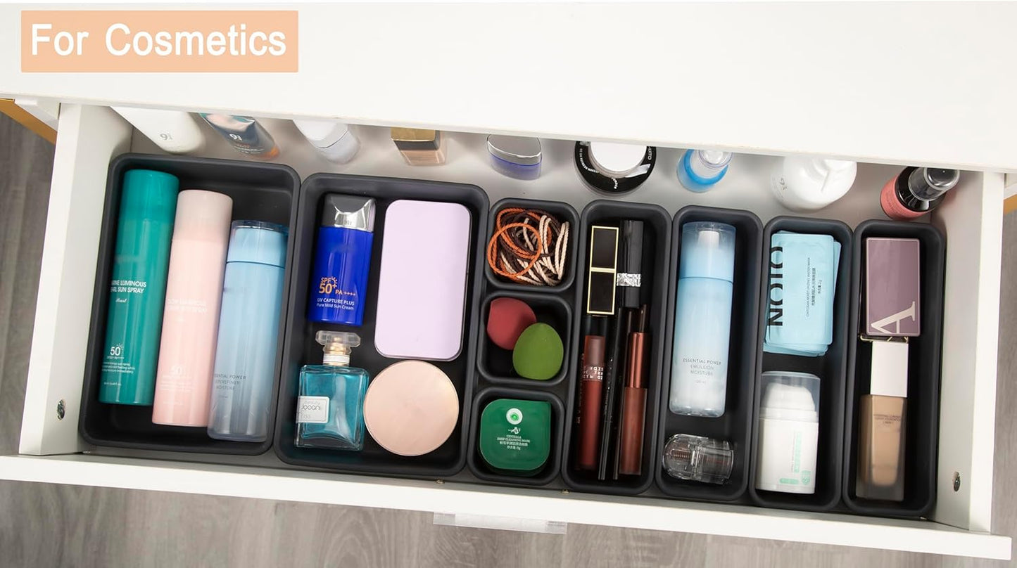 Kutesna 15 Piece Drawer Organizer Set, 3 Size Interlocking Plastic Storage Bins for Office Supplies, Jewelry Makeup Vanity, Bathroom Kitchen, Home Organization Closet, Gadgets Small Items, Black