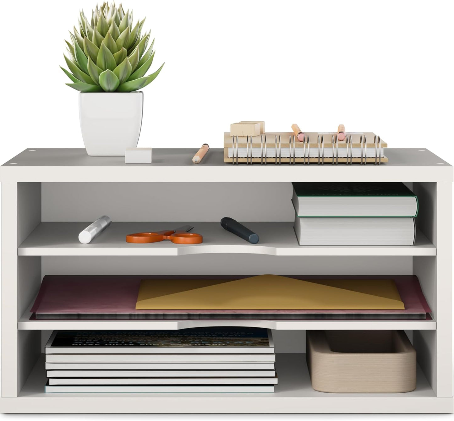 Ballucci File Organizer, 2-Tier Document Paper Sorter, Stackable Wood Desk Organizer Mail Holder, Monitor Stand with Storage Shelves, White